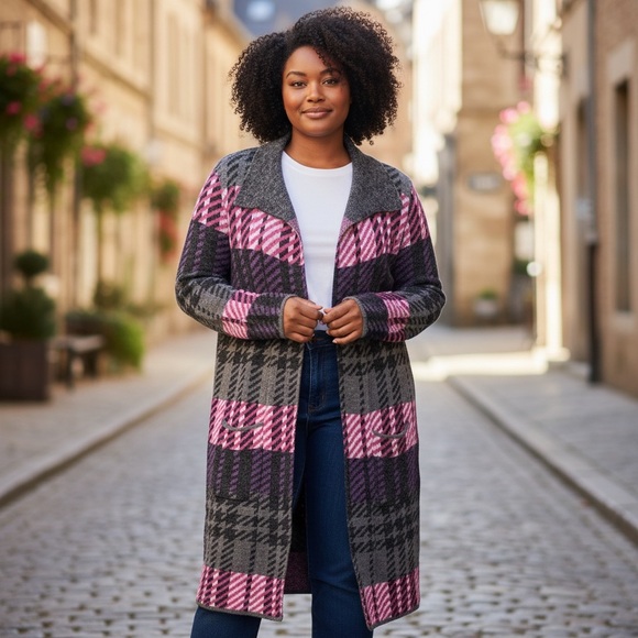 Joseph A Sweaters - Joseph A Cardigan Pink/Purple/Gray Plaid Duster Length Open Front in Size M  NWT